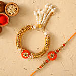Orange Pearl And Lumba Rakhi Set With Kaju Katli