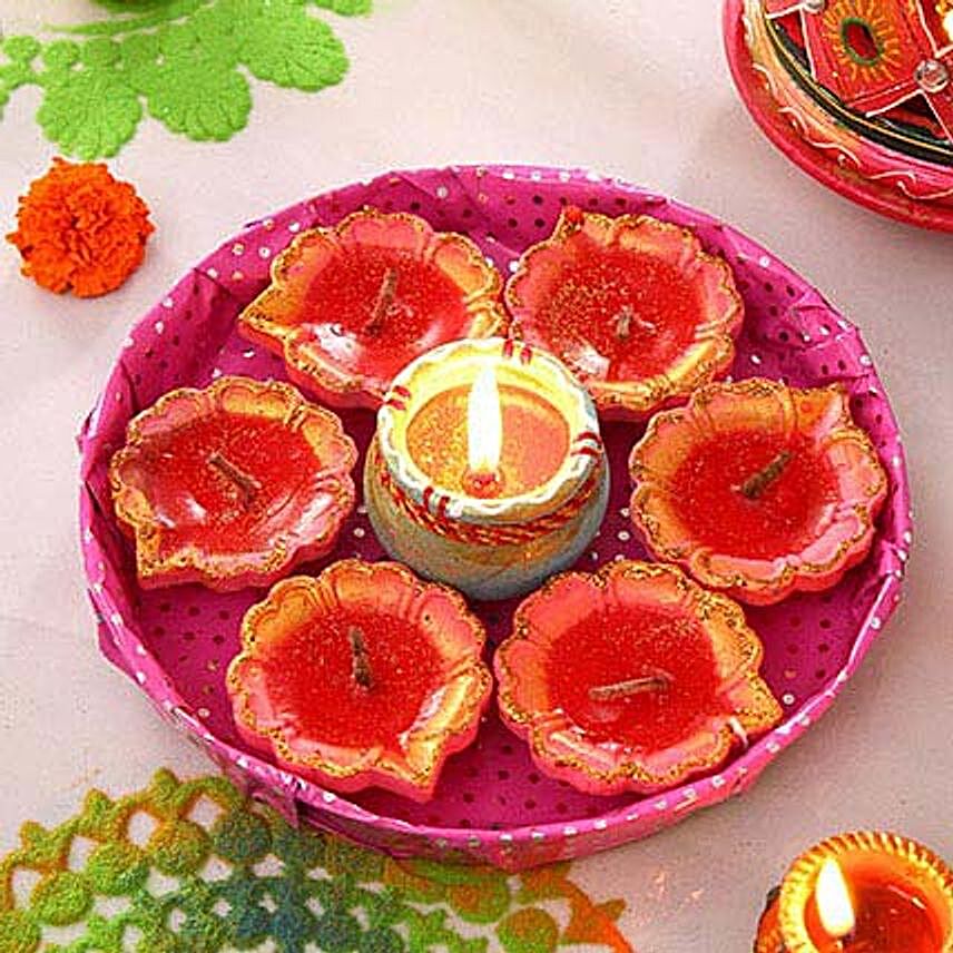 Painted Clay Diyas in a Fancy Tray