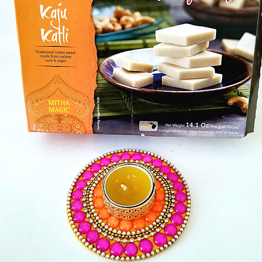 Kaju Katli & Floral Candle Combo for Diwali