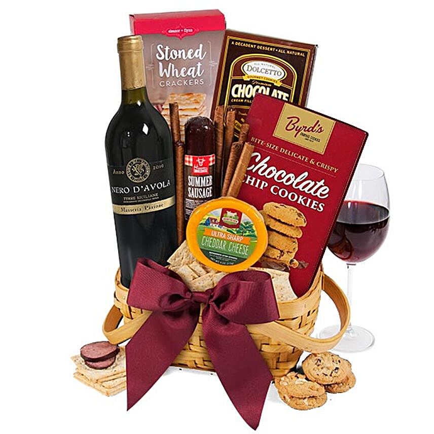 The Classy Basket Of Red Wine And Snacks