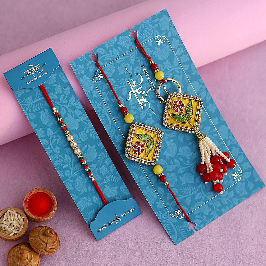 Pearl Kids Rakhi And Rajasthani Embroidered Lumba Rakhi Set