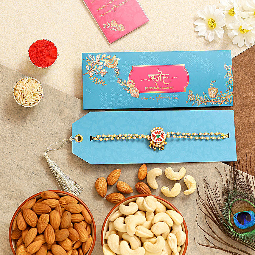 Kundan Bracelet Rakhi With Almonds And Cashew