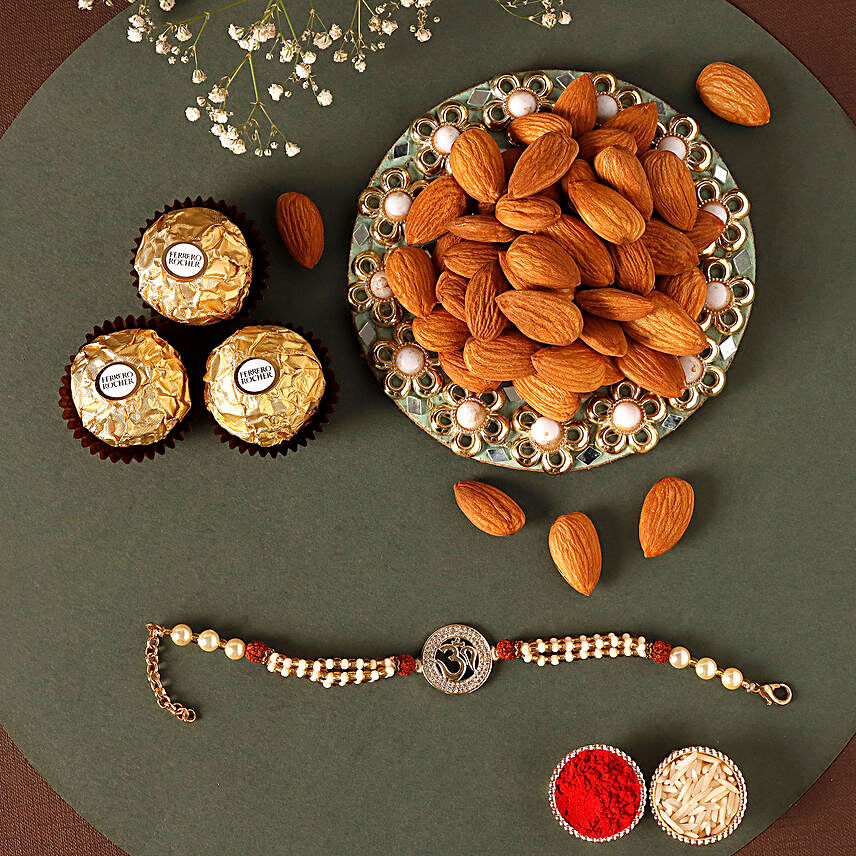 Sneh Om Pearl Rakhi With Almonds & Ferrero Rocher