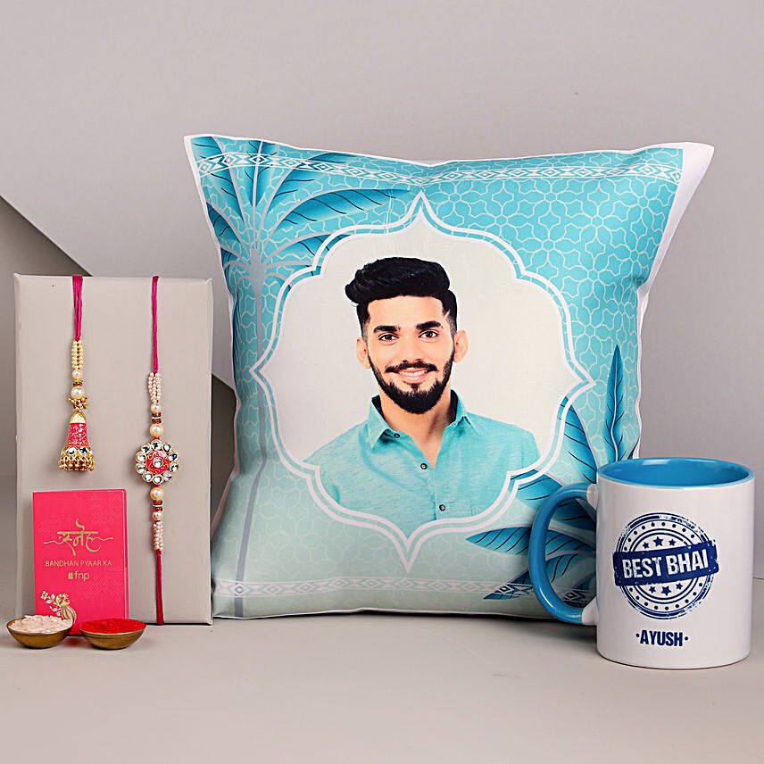 Sneh Meenakari Bhaiya Bhabhi Rakhi & Best Bhai Mug + Face Cushion