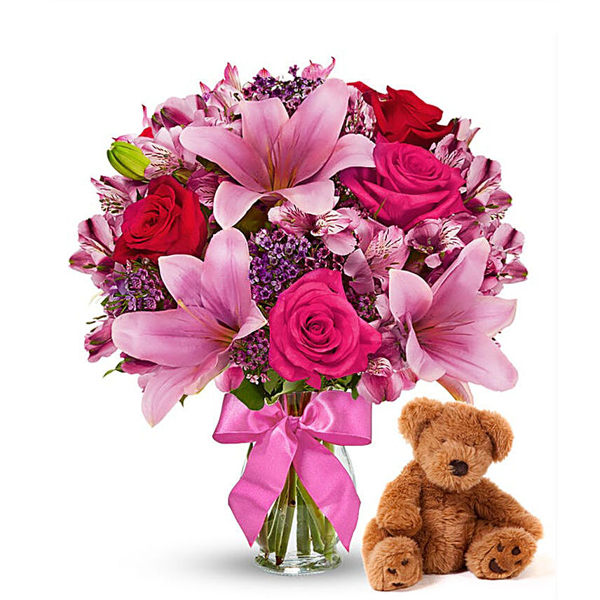 Lily and Rose Joy Bouquet with Teddy Bear