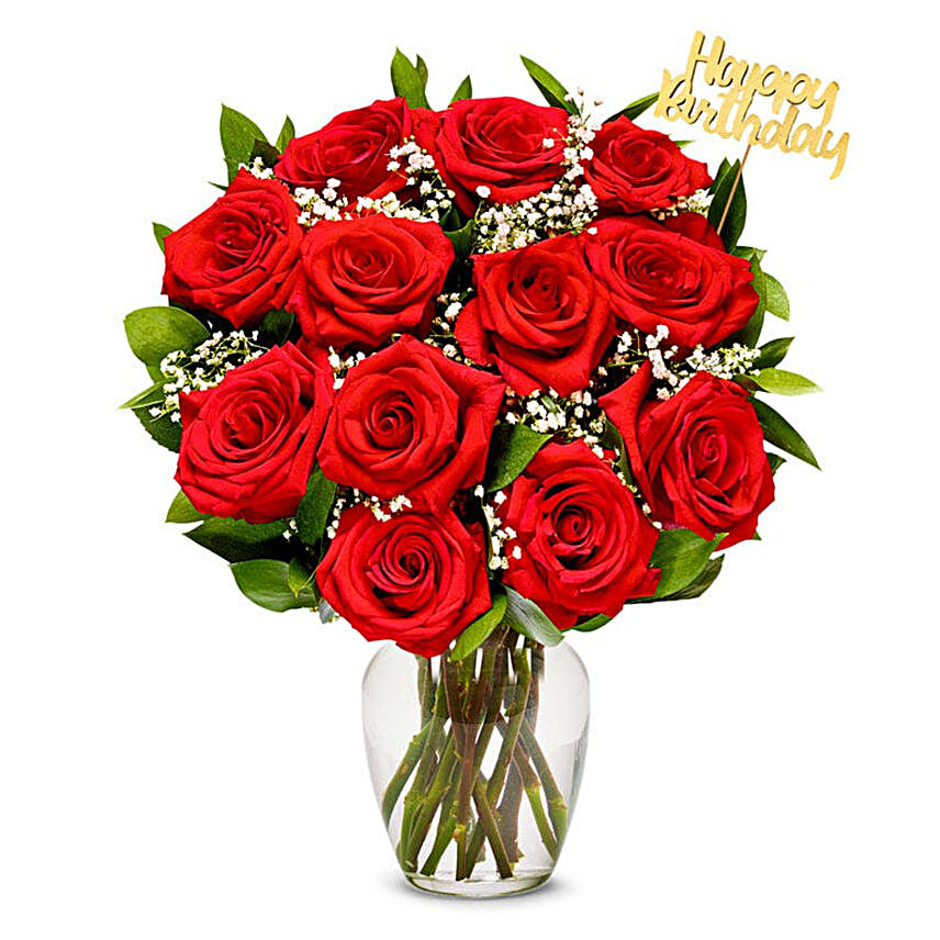 One Dozen Red Roses with Birthday Pick