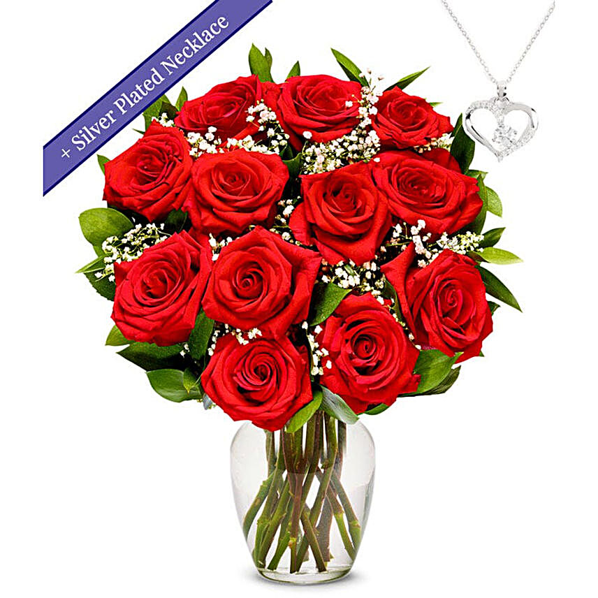 One Dozen Red Roses with Sterling Silver Heart Necklace