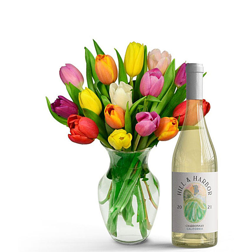 Rainbow Tulip Bouquet with White Wine