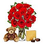 One Dozen Roses with Godiva Chocolates and Bear