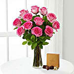 Serene And Sweet 12 Pink Roses In Vase And Godiva