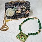 Wool Fabric Shoulder Bag And Green Onyx Necklace