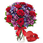 Red Roses Flower Bouquet And Chocolates