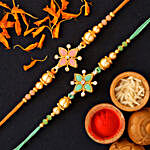 Green Stone And Orange Stone Floral Design Rakhi Set