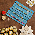 4 Pearl Designer Rakhis With Kaju Katli And Ferrero Rocher