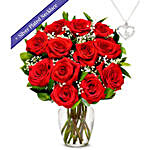 One Dozen Red Roses with Sterling Silver Heart Necklace