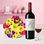 Mixed Flowers Bouquet N Red Wine Combo